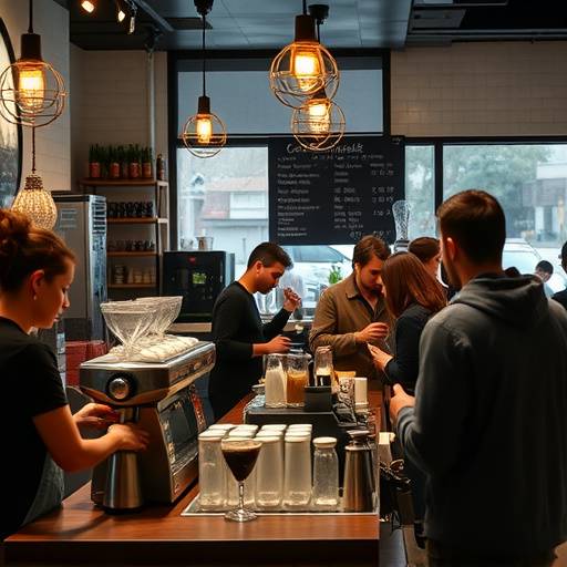 A bustling coffee shop interior in 2900 Harmony Grove Rd, Escondido, CA 92029, USAwith baristas crafting drinks and customers enjoying their coffee.