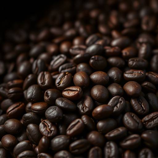 Close-up of roasted coffee beans in a dark setting, highlighting the rich textures and dark brown colors.