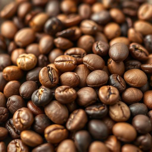 Close-up of various coffee beans, showcasing the diversity in color and texture from different origins.