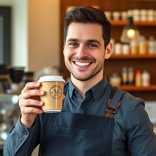 Portrait of a friendly barista smiling while holding a cup of coffee