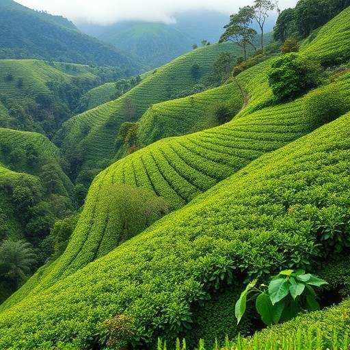 Rows of coffee plants on a steep hillside in Colombia, showcasing the landscape where high-quality Arabica beans thrive.